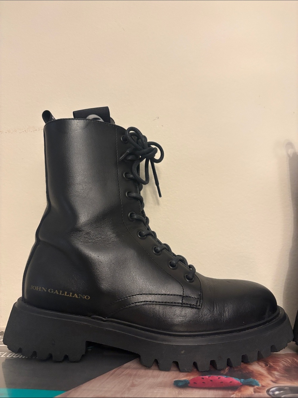 John Galliano Black Leather Lug-Sole Lace-Up Boot
